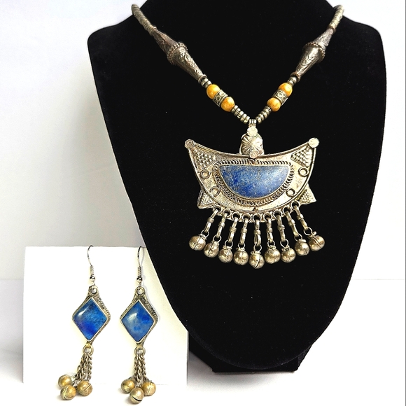 Handcrafted Vintage Jewelry - Vintage Handcrafted Lapis Lazuli Tribal Ghungroo Necklace & Earrings